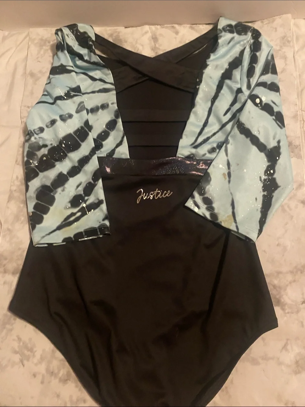 Justice Blue Tie-Dye and Black One-Piece with Metallic Trim